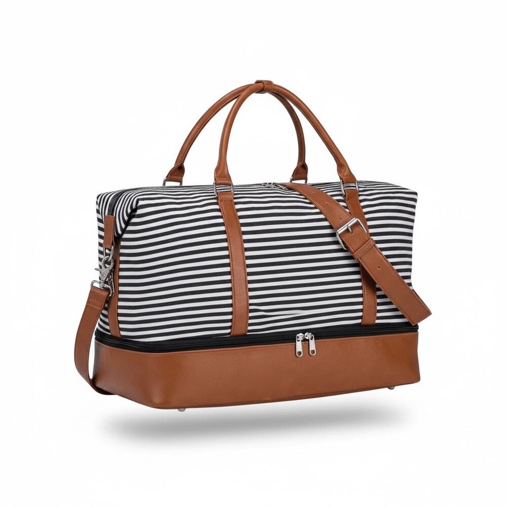 Weekender Travel Duffel Bag Black White Stripe Shoe Compartment Carry On NEW